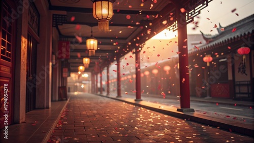 Traditional Chinese Street Golden Hour Falling Petals