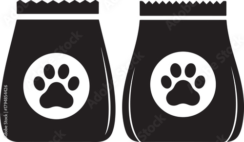Two bags of pet food with paw print silhouette