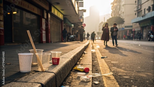 Dirty City Sidewalk with Discarded Cups and Chopsticks