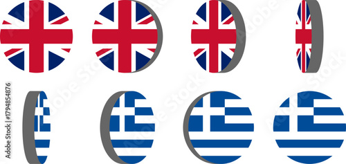 3D Style 8-Frame Sprite Sheet of Rotating Round Circular United Kingdom and Greece Flags for English and Greek Language Selection 2D Animation in Game and App Interface. Vector Image.