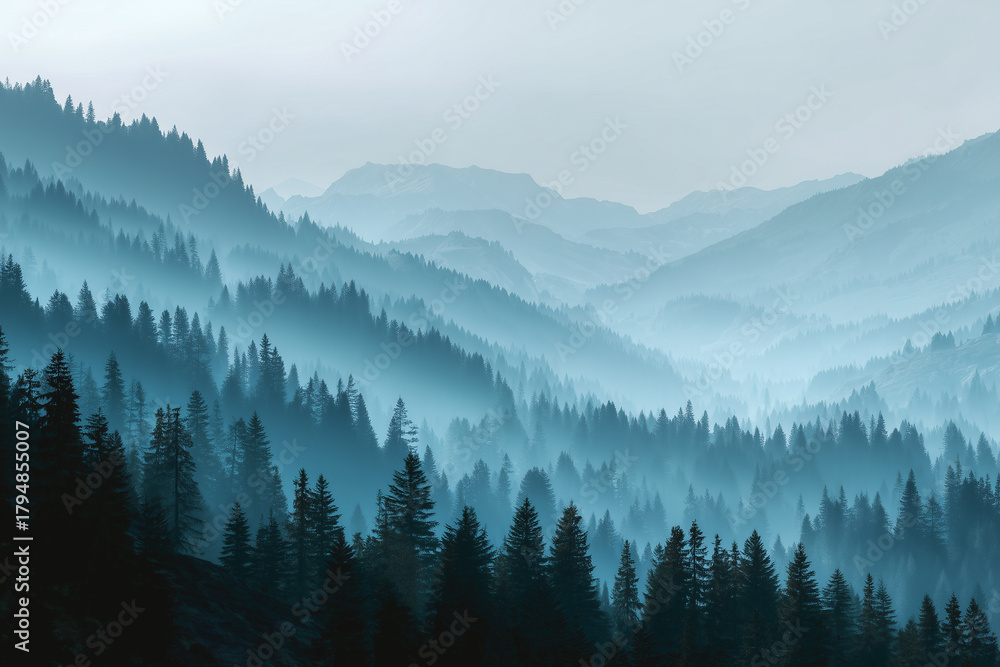 Obraz premium Fir-covered hillside layers fading into mist with a soft retro gradient creating peaceful realistic atmospheric depth and serenity.jpeg
