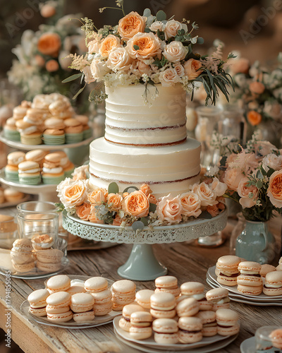 Delightful dessert table featuring a beautiful wedding cake adorned with roses and elegant macarons for a special celebration Generative AI