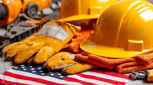 Essential construction safety gear and American flag symbolize labor pride and diligent work ethic