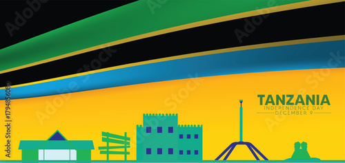 Tanzania skyline illustration featuring national landmarks with elegant modern abstract wave design