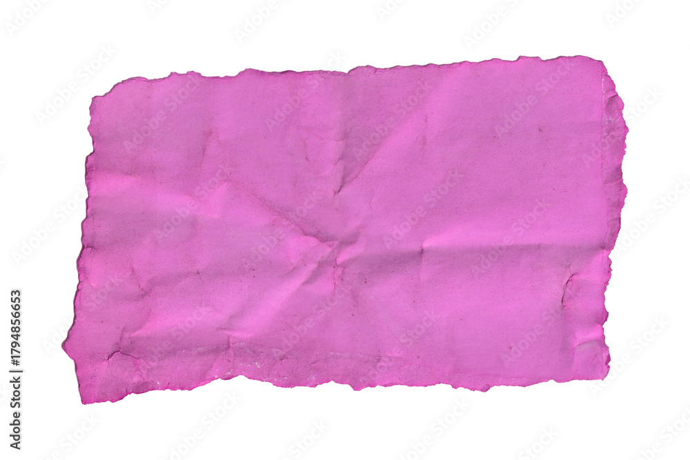 Obraz premium Vibrant pink crumpled paper with torn edges. Grunge texture scrap isolated on transparent background. PNG design element for collage and scrapbooking.