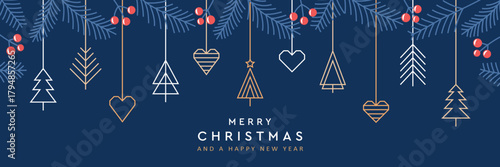merry christmas card with hanging decoration in form of tree and heart vector illustration