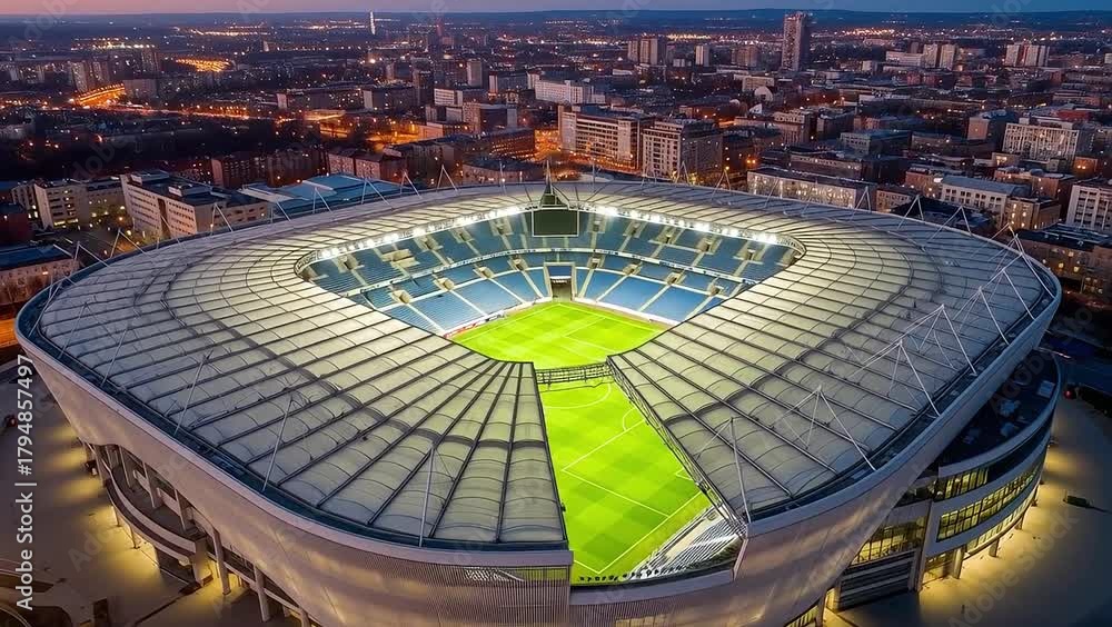 Drone View of Large Soccer Stadium Architecture in Sunset Light