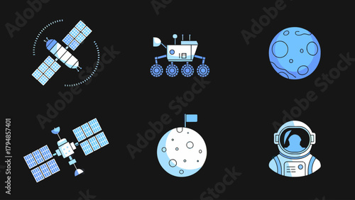 Exploring the Cosmos Space Travel and Lunar Exploration with Satellite Rover Moon and Astronaut Icons on Black Background