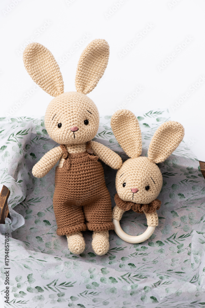 Fototapeta premium Handmade crocheted bunny toy, amigurumi. Handamde stuffed toys.