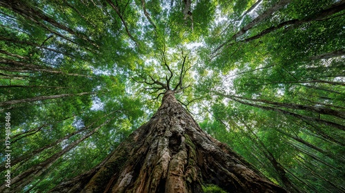 Majestic ancient tree trunk reaching skyward through vibrant green forest canopy on sunny day