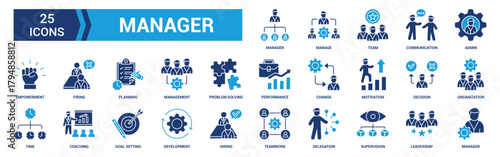 Manager icon set. Containing leadership, supervision, hiring, coaching, management, development, organization, teamwork and delegation icons. Solid icons collection. Vector illustration.