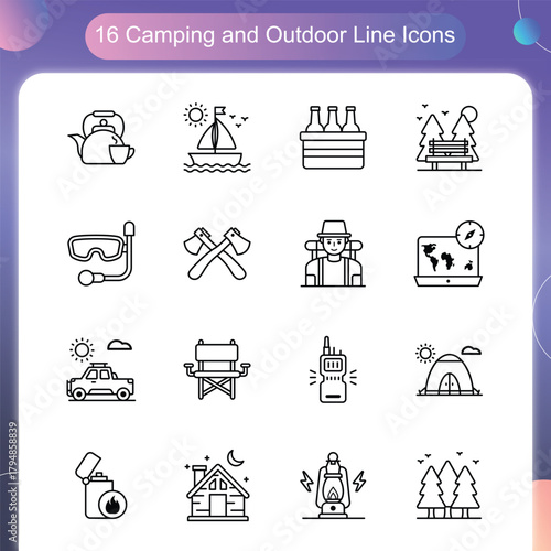 Camping Outdoor Icons – Line Style Set 4