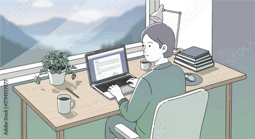 Focused remote worker at desk with mountain view window