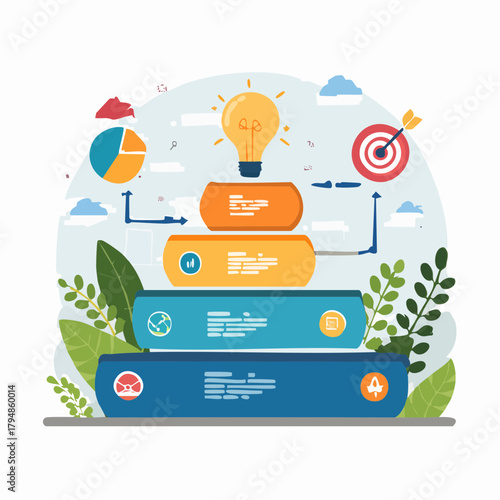 Creative business concept illustrating the progressive stages of idea development leading to the achievement of strategic goals