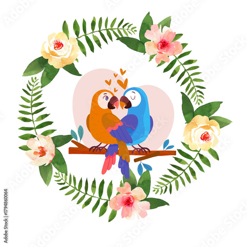 Cute couple of parrots in a floral wreath