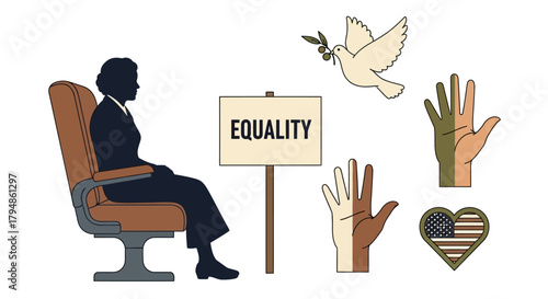 Illustration depicting a person seated, alongside symbols of equality and peace, promoting social justice.