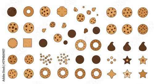 A diverse collection of illustrated cookies and chocolate treats, including chocolate chip, shortbread, and star-shaped varieties, arranged neatly on a white background.