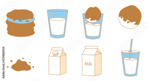 A collection of illustrations depicting various milk and chocolate-related items, including cookies, glasses of milk, ice cream, chocolate powder, and milk cartons.