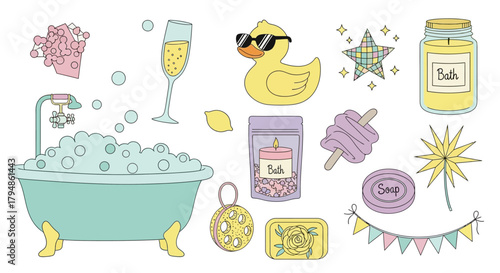 Collection of various bath time and relaxation themed illustrations with a bathtub and accessories.
