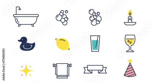 Collection of various bathroom and relaxation related icons, including bubbles and a candle.