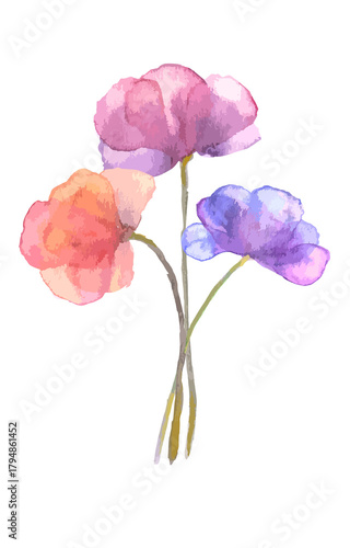 Soft watercolor bouquet of three delicate flowers in pink orange and purple