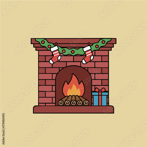 【冬の居心地】炎が燃える暖炉とホリデーデコレーション シンプルなラインアートイラストレーション