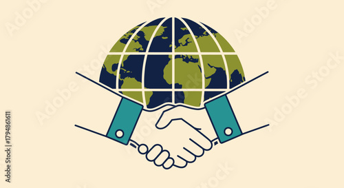 Illustration of two hands shaking in front of a stylized globe representing global partnership and international cooperation.