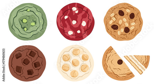 A top-down view of six delicious and diverse cookies, showcasing various flavors and textures.