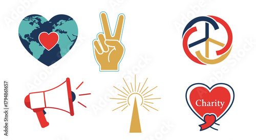 A collection of six vector icons representing charity, peace, global unity, and social activism.