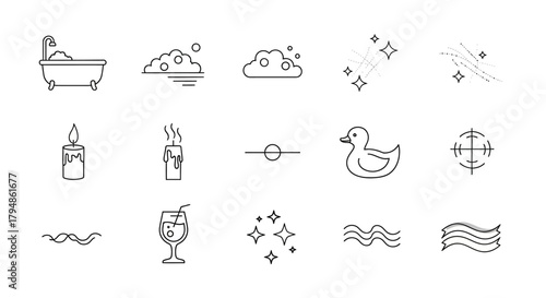 Collection of bathroom and relaxation themed line icons.