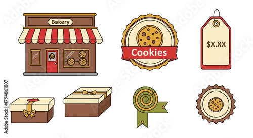 A collection of vector icons and illustrations for a bakery or cookie shop business.