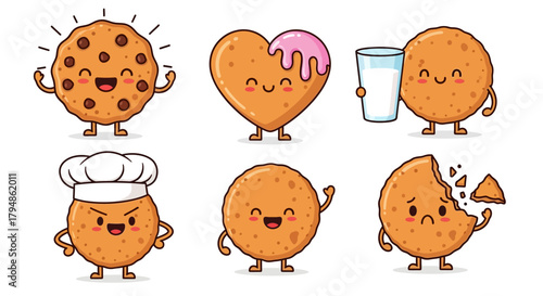 Cartoon cookies with faces and expressions, including a heart-shaped cookie and one with a glass of milk.