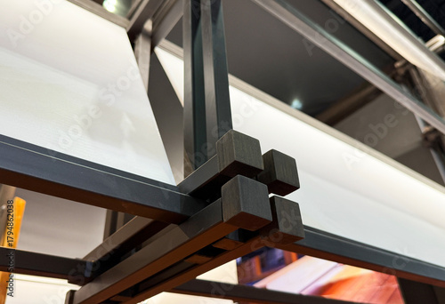 Indoor retail canopy steel structure frame detail.