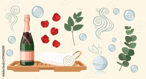 A spa-themed illustration featuring a bottle of champagne, a rolled towel, rose petals, eucalyptus leaves, and bath bombs with steam and bubbles.