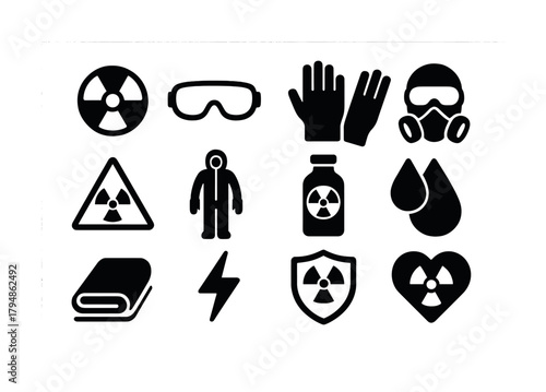 Radiation safety icons: protective gear and hazard symbols for safety awareness