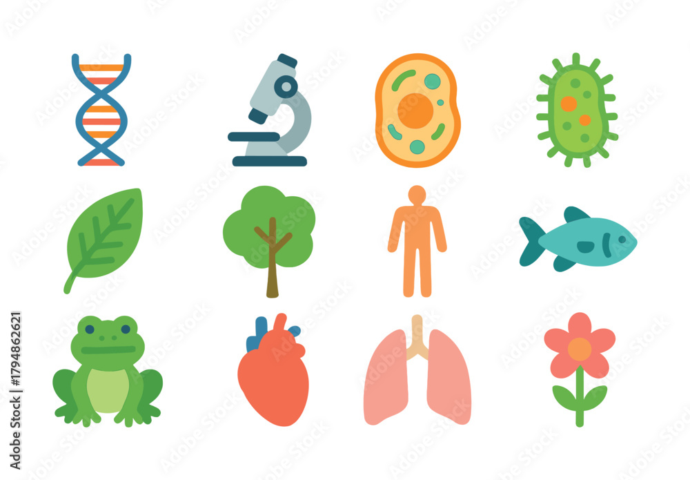 Naklejka premium Biology icons set: dna, microscope, cell, bacteria, leaf, tree, human, fish, frog, heart, lungs, flower