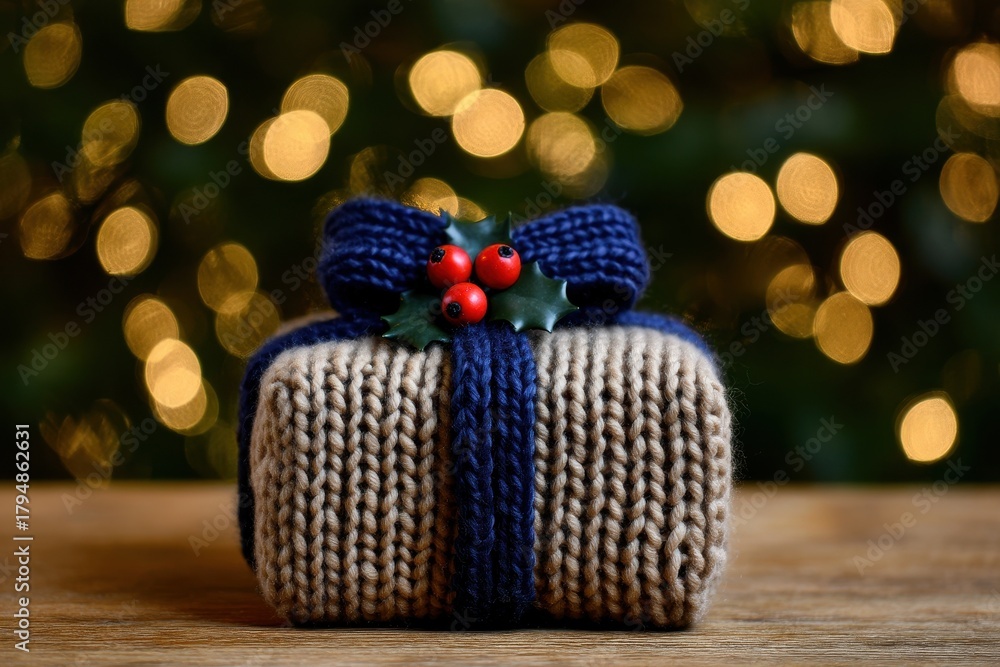 Fototapeta premium Knitted gift box with blue ribbon holly and bokeh lights present wool yarn