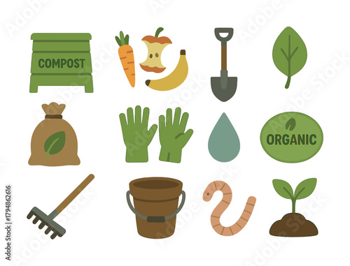 Organic gardening icons: compost bin, tools, produce, and plants for eco-friendly cultivation