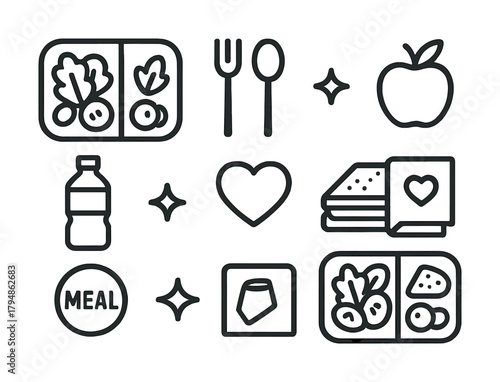 Healthy meal icons: lunchbox, utensils, water, apple, sandwich, heart symbol