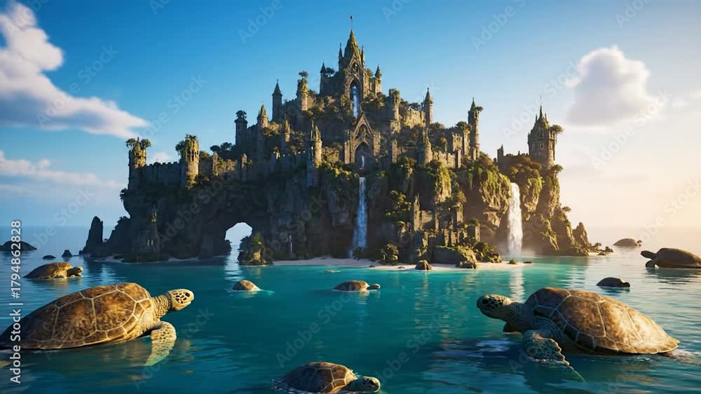 A fantastical island fortress in a serene sea, surrounded by gentle turtles and cascading waterfalls
