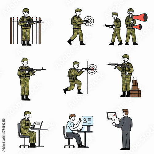 Simple Line Art Illustrations of Military Personnel, Security Guards, Training Exercises, and Administrative Office Work Concepts.