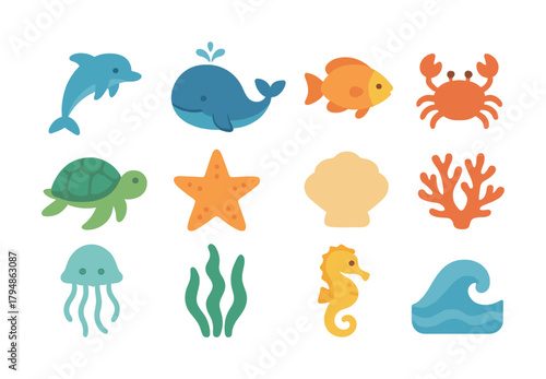 Colorful marine life icons featuring dolphins, fish, crabs, and seaweed