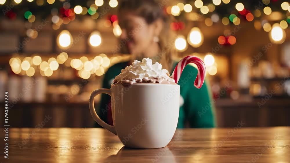 Joyful woman offers steaming hot chocolate with candy cane in cozy cafe, perfect for holiday cheer and heartwarming moments, festive spirit and seasonal joy