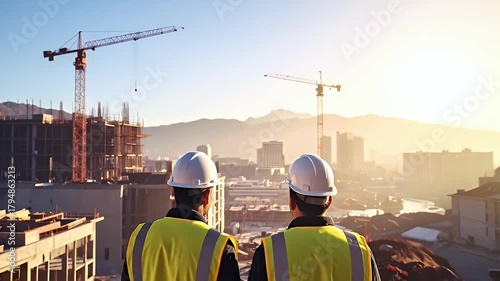 Two construction workers in hard hats and high visibility vests observe a large city building development site at