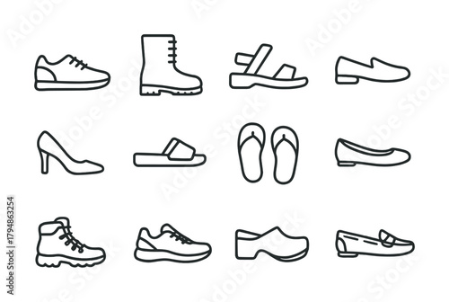 Collection of diverse footwear icons: boots, sandals, sneakers, heels, loafers