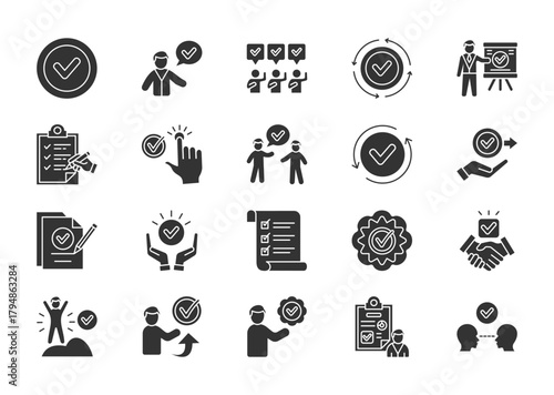 Checkmark thin glyph icon set. Containing check, accept, agree, complete, correct, checklist, selected, approve, done, give permission. Vector illustration