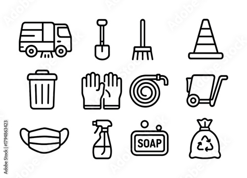 Cleaning equipment icons: truck, broom, cone, gloves, mask, soap, recycling