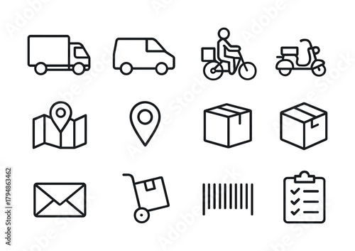Logistics and delivery icons: vehicles, packages, maps, and shipping symbols