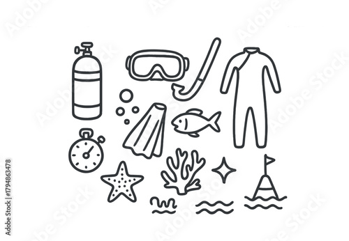 Scuba diving essentials: gear and marine life in outline illustration