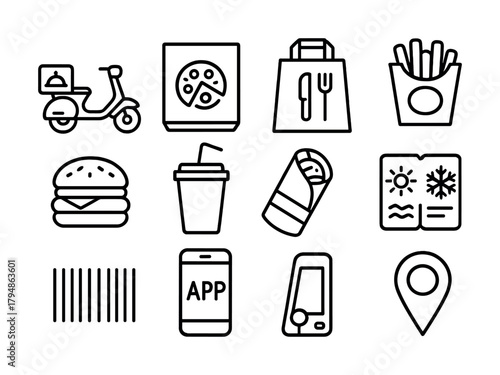 Food delivery icons: scooter, pizza, bag, fries, burger, drink, app, location, barcode
